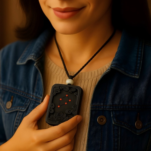 Close up of custom pendants front symbol for wealth luck and back photo engraving as a personal protection talisman