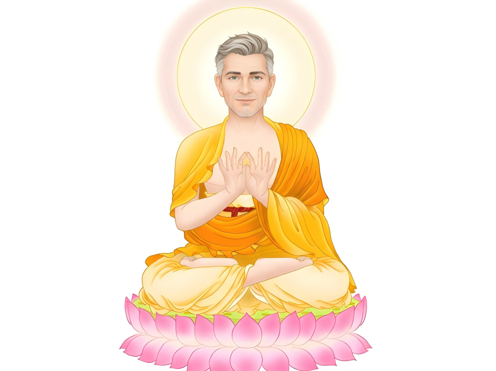 Kind wealthy american lady in yellow robes meditating on lotus throne peaceful blessing illustration