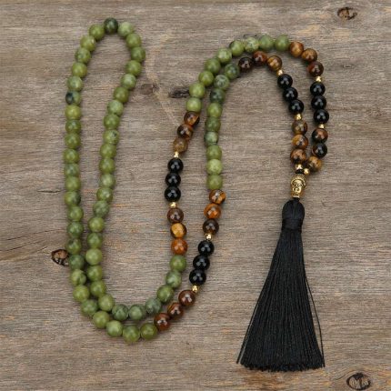 ppxstar green jasper stone mala necklace front view