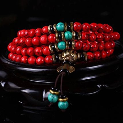 ppxstar turquoise bracelet red mala necklace wrap front view