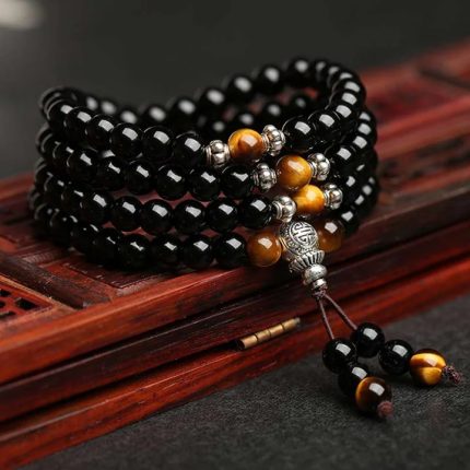 ppxstar black obsidian bracelet tiger eye beads closeup