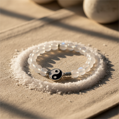 A close up of a wrist wearing a moonstone and yin yang bracelet jewelry used to channel the balancing energy of the 222 angel number
