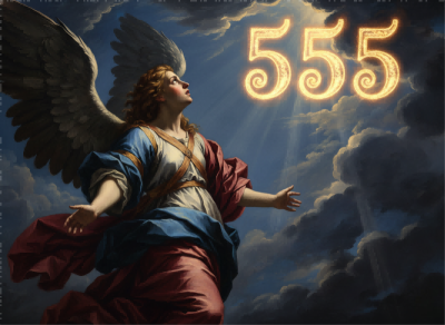 A dramatic baroque style painting of an angel witnessing the glowing 555 angel number in a divine light filled sky symbolizing a powerful spiritual revelation | people ​planet  x star