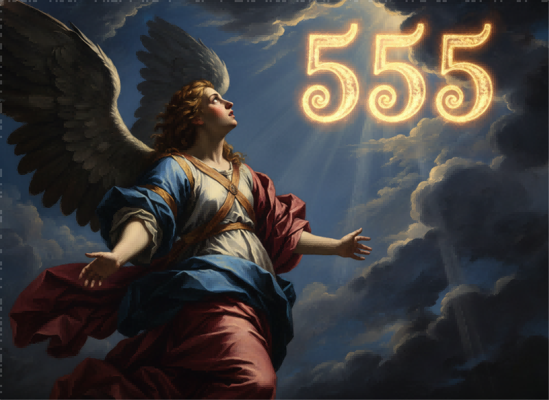 A dramatic baroque style painting of an angel witnessing the glowing 555 angel number in a divine light filled sky symbolizing a powerful spiritual revelation | people ​planet  x star