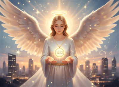 A luminous guardian angel presenting a glowing 1212 angel number necklace ppxstar | people ​planet  x star