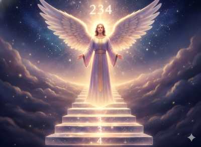 A minimalist luminous angel standing in a beam of light with the 234 angel number subtly glowing beside them | people ​planet  x star