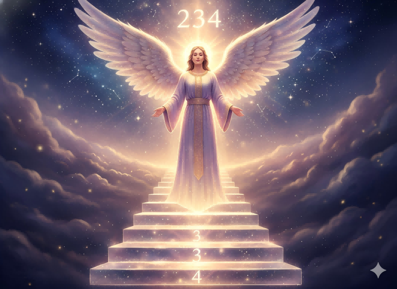 A minimalist luminous angel standing in a beam of light with the 234 angel number subtly glowing beside them