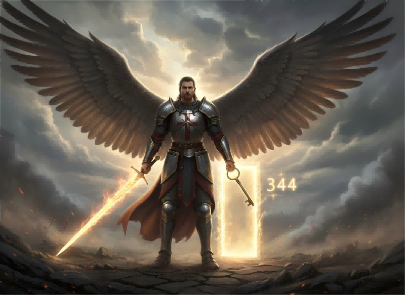 A peaceful guardian angel standing at a glowing doorway with the 344 angel number