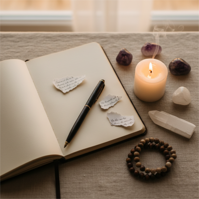 A peaceful ritual setup with a journal candle crystals and energy bracelets from ppxstar symbolizing a 919 angel number cycle-closing manifestation ritual