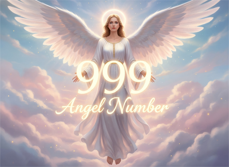 A serene guardian angel in a celestial sky presenting the glowing words 999 angel number to illustrate the divine and complete 999 angel number meaning | people ​planet  x star