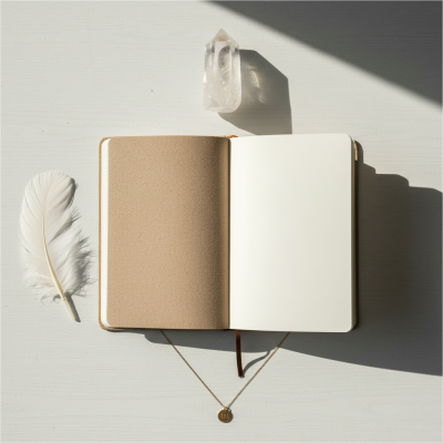 A spiritual journal and crystals symbolizing the process of a spiritual awakening associated with seeing angel number 111