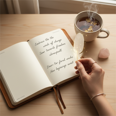 A spiritual journaling scene with a feather and crystals representing the introspective journey of understanding the spiritual meaning of 555