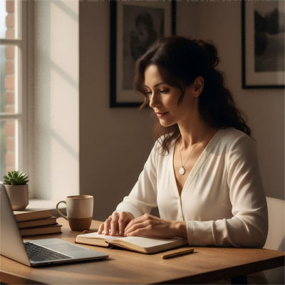 A woman peacefully looking at a clock showing