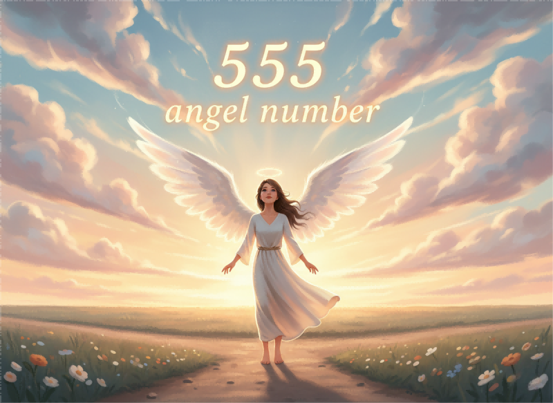 A young woman looking up at a magical sky where the glowing 555 angel number appears symbolizing profound life changes and divine guidance | people ​planet  x star