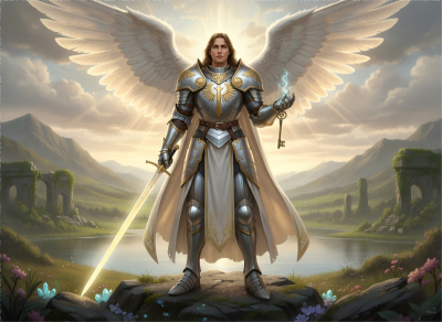 An angel in crusader armor holding a glowing sword and key with the 1515 angel number | people ​planet  x star