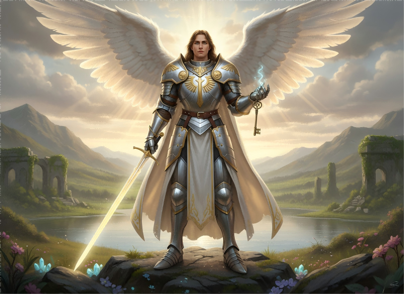 An angel in crusader armor holding a glowing sword and key with the 1515 angel number