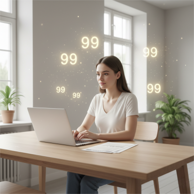 Calm young woman reviewing her finances with subtle glowing 999 symbols above her representing 999 angel number meaning money and career shifts