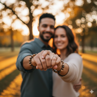 Couple holding hands wearing custom spiritual bracelets symbolizing 234 angel number meaning in love and twin flame reunion