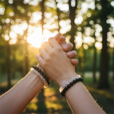 Couple holding hands wearing protection custom bracelets for 1515 angel number twin flame reunion