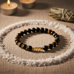 Custom beaded bracelet with a small 777 charm warm golden light and soft bokeh