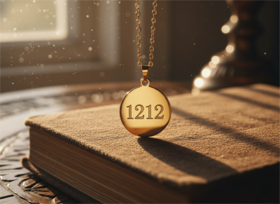 Gold 1212 angel number necklace resting on a journal symbolizing divine timing