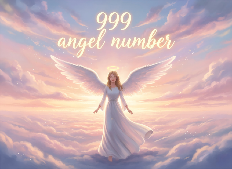 Guardian angel with soft white wings standing under glowing text 999 angel number in the sunset sky symbolizing spiritual closure and new beginnings | people ​planet  x star