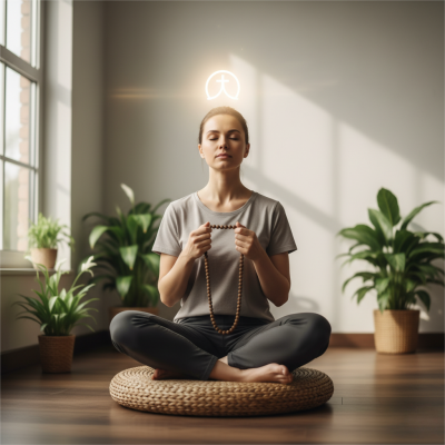 Hands using mala beads for 333 meditation and prayer