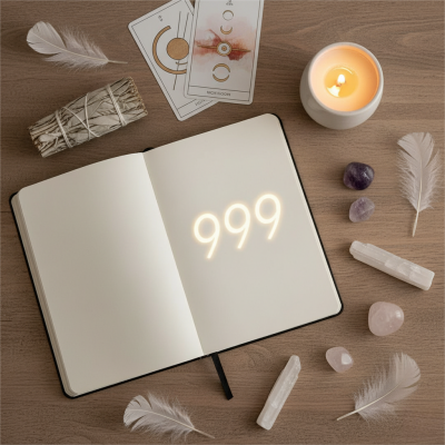 Journal tarot cards and crystals arranged around the glowing 999 number symbolizing 999 angel number meaning spiritual awakening and closure