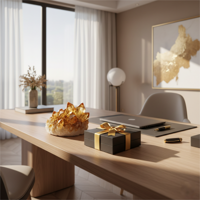 Luxury spiritual office desk with crystals and gold 919 symbol for career success and wealth