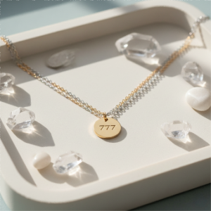 Minimal pendant necklace engraved with 777 angel number on an ivory stone tray