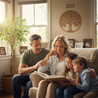 Older individual surrounded by family wearing spiritual jewelry symbolizing divine protection and balance inspired by the number 333 Ppxstar