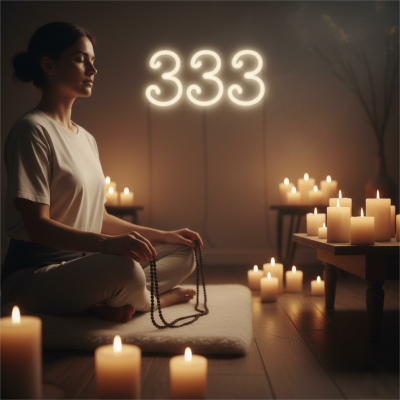 Person meditating with mala beads in a peaceful serene setting practicing the trinity grounding posture embodying the calming energy of 333 Ppxstar