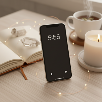 Phone screen showing 555 surrounded by a journal crystal and candle illustrating seeing 555 everywhere in everyday life