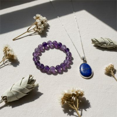 Spiritual jewelry including an amethyst bracelet used to amplify the energy of angel number 333