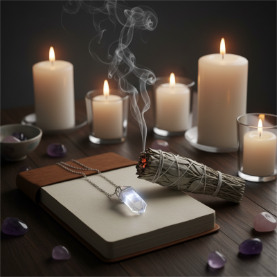 Spiritual manifestation ritual with sage crystals and 919 angel number journal