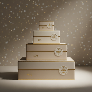 Stack of premium gift boxes with subtle celestial seal styled for angel number gifts