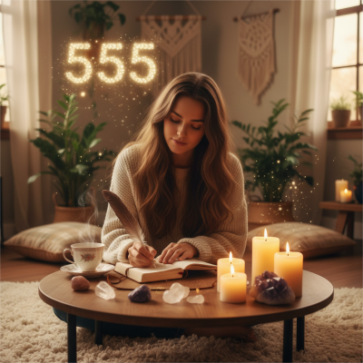 Woman journaling by candlelight with crystals and a soft glow of 555 in the background showing simple rituals for 555 spiritual meaning and life changes