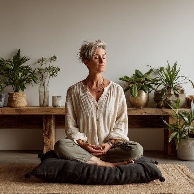 Woman using mala beads for meditation to align with 222 biblical meaning frequency