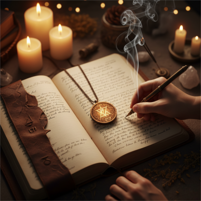 Writing manifestation journal with custom wood pendant for 919 ritual